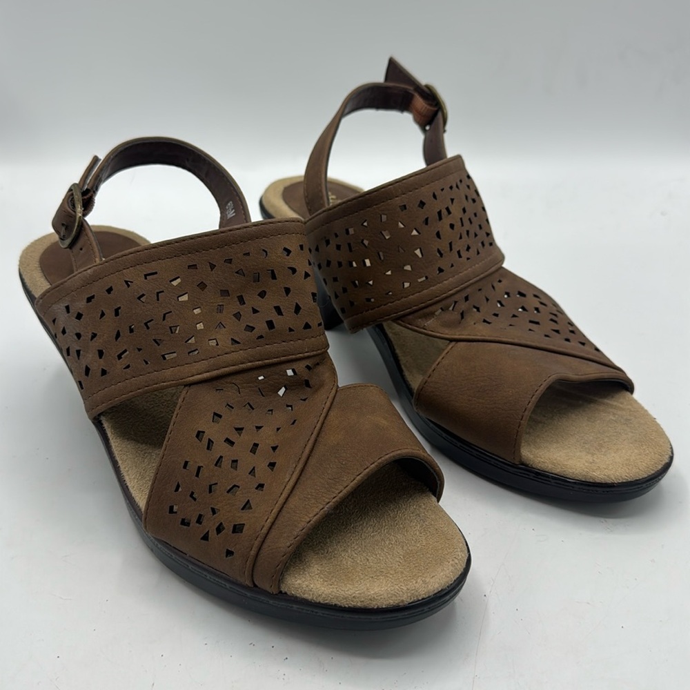 Easy Street Perforated Block Heeled Sandals Charleigh Dark Tan - Medium
